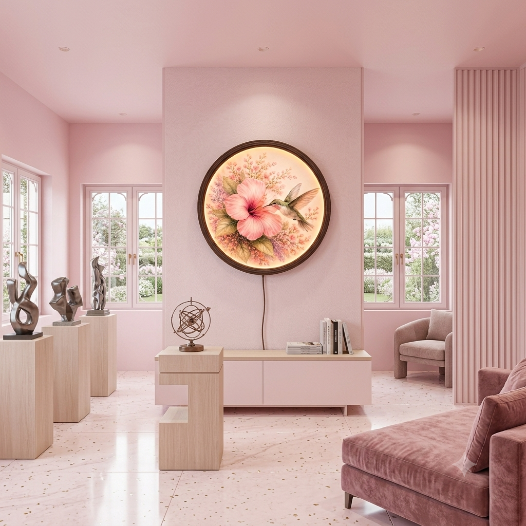 Hummingbird & Pink Hibiscus Illuminated Round Wall Art – LED Backlit Floral Wooden Frame Home Decor