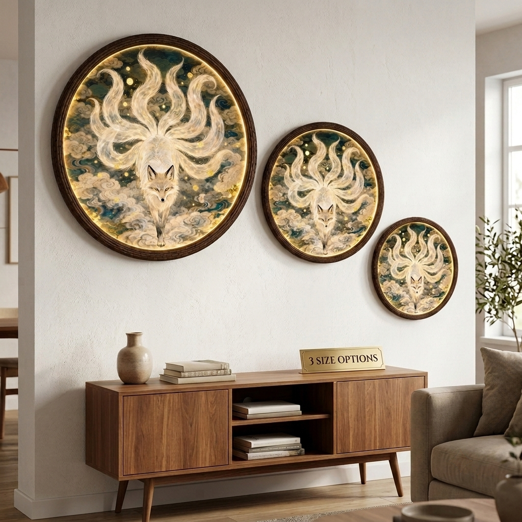 Mythical Nine-Tailed Kitsune Fox LED Illuminated Wall Art - Round Asian Inspired Glowing Wall Decor