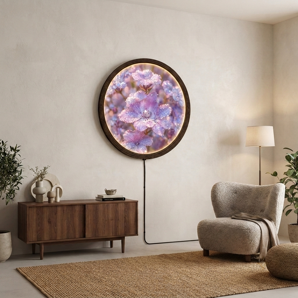 Lavender Dew Floral LED Wall Art – Round Illuminated Flower Wall Decor