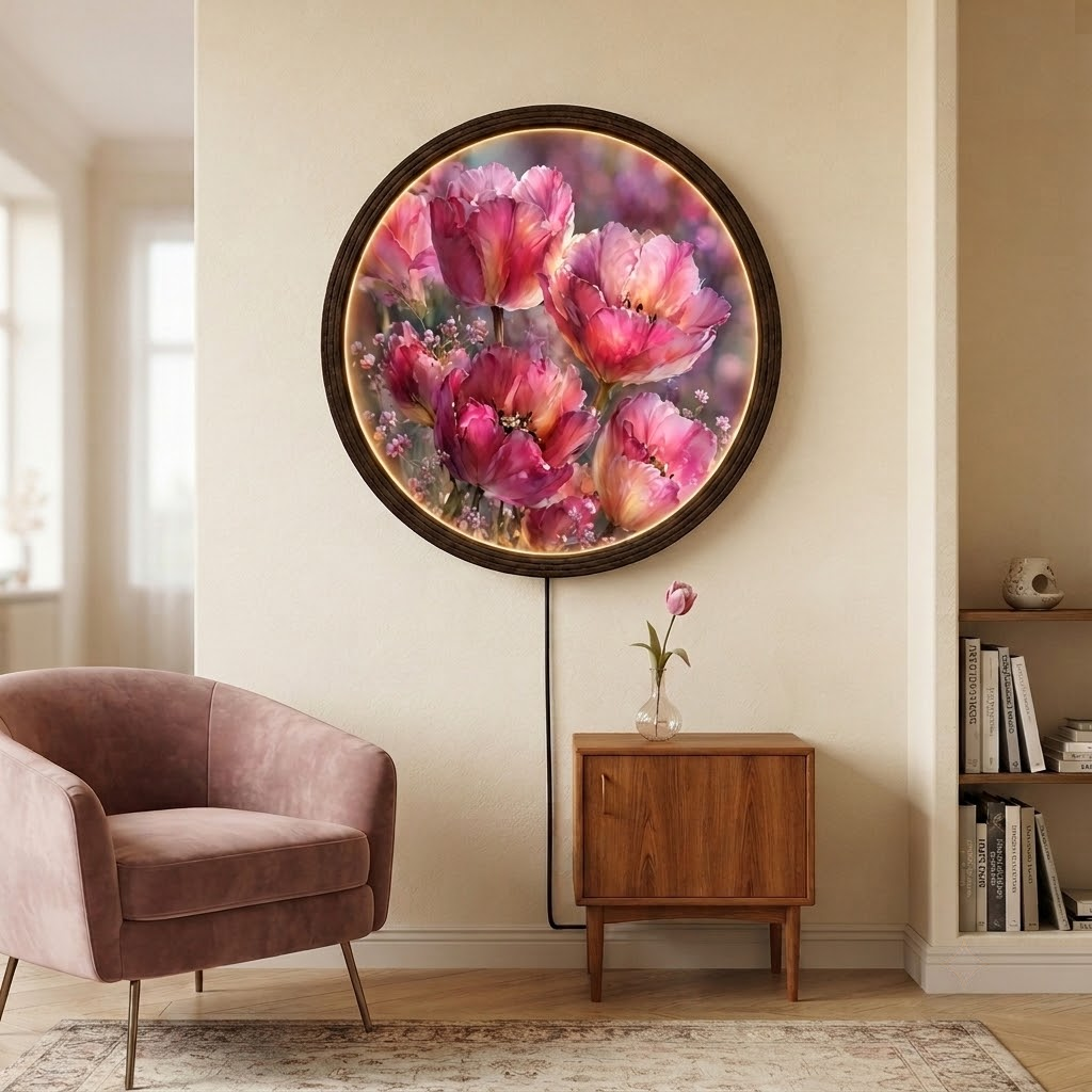 Round LED Floral Wall Art, Pink Tulip Illuminated Wall Decor