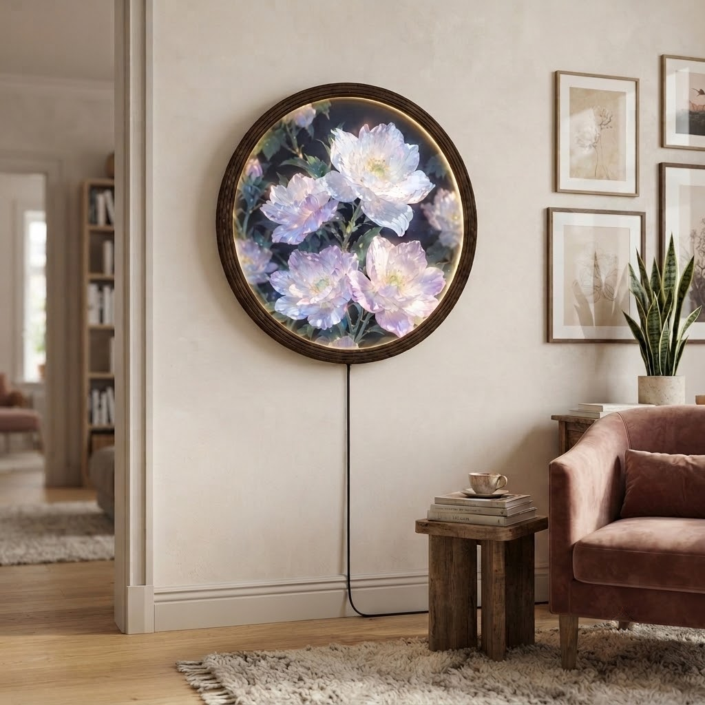 Floral Illuminated Round Wall Art – LED Lighted Flower Wall Decor