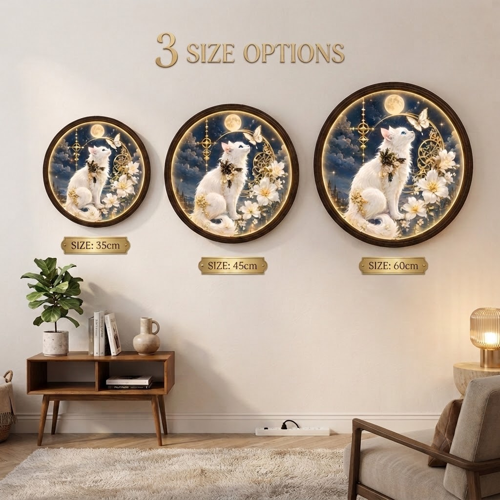 Mystical White Cat LED Wall Art – Round Illuminated Home Decor