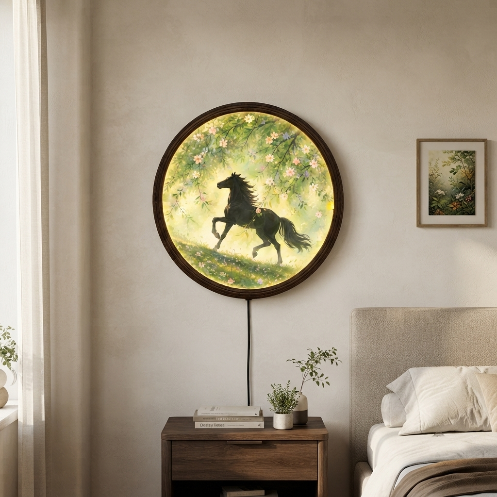 Horse Meadow LED Wall Art – Illuminated Round Rustic Home Decor