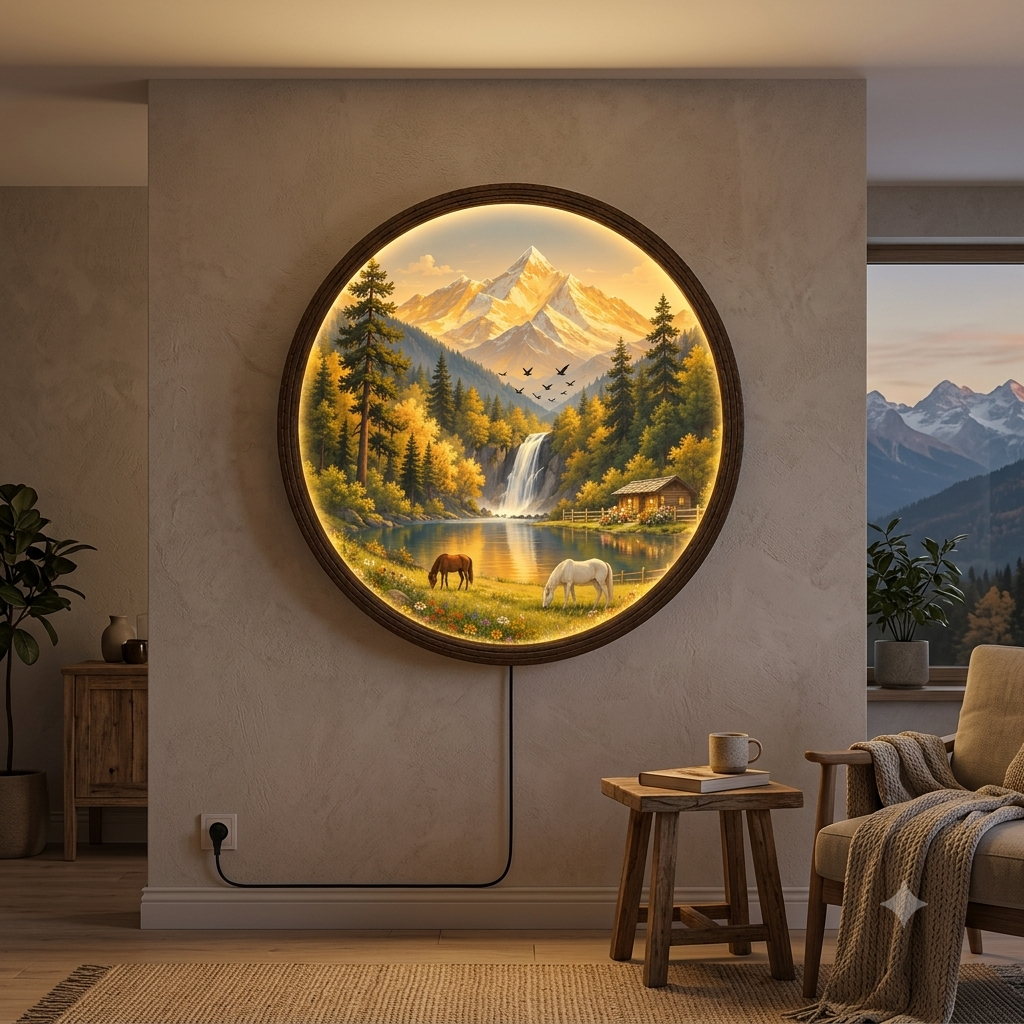 Golden Mountain Lake LED Wall Art – Rustic Cabin Landscape Round Wall Decor
