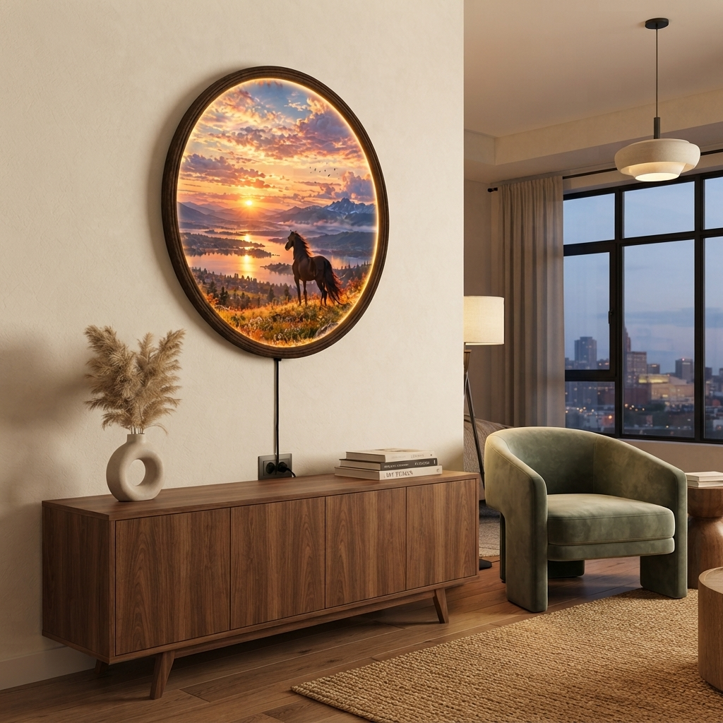 Illuminated Horse Sunset Landscape Round Wall Art – LED Lighted Rustic Home Decor