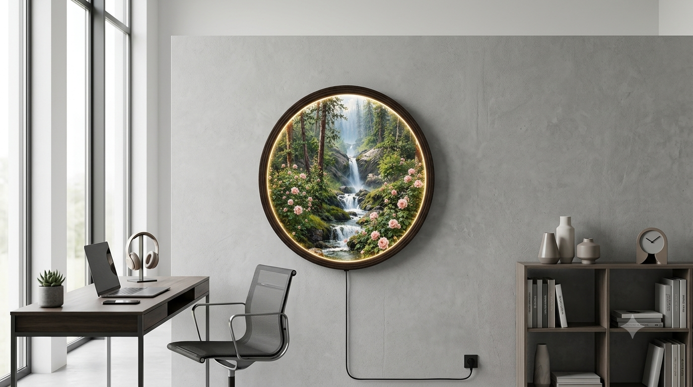 Illuminated Forest Waterfall & Pink Roses Round Canvas Wall Art with LED Backlight