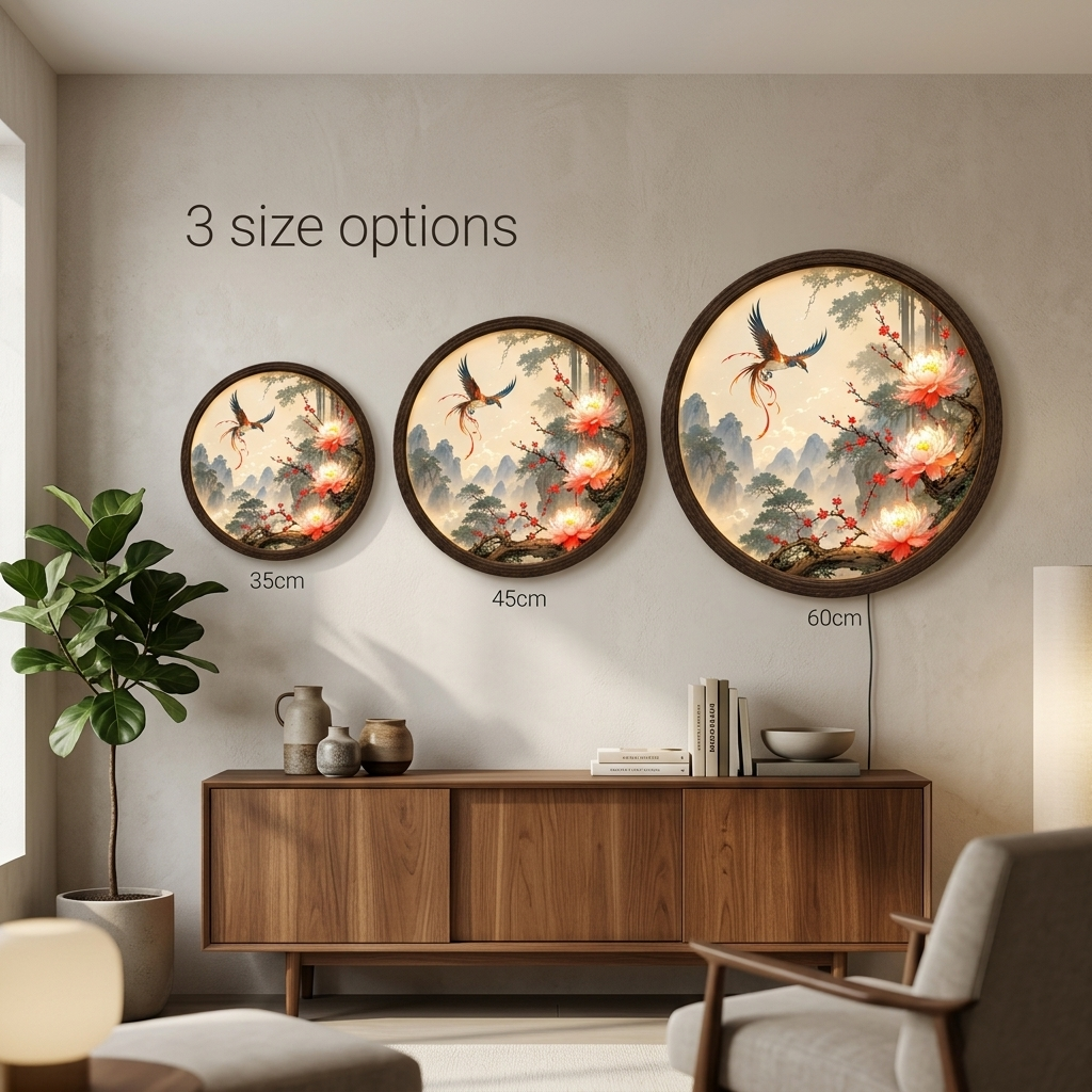Illuminated Phoenix & Peony Round Wall Art – Oriental Landscape LED Light Box Wall Decor