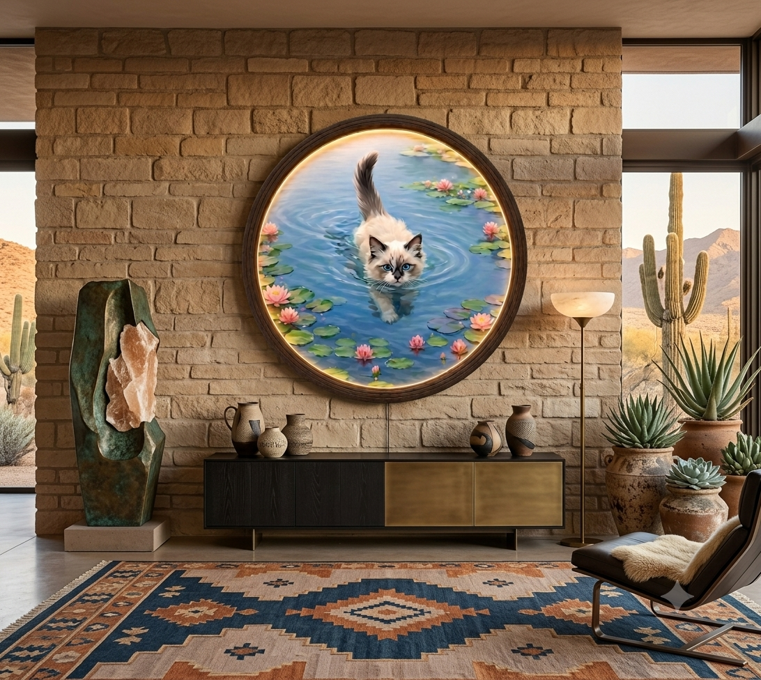 Illuminated Swimming Ragdoll Cat Wall Art - Round LED Lotus Pond Painting Frame