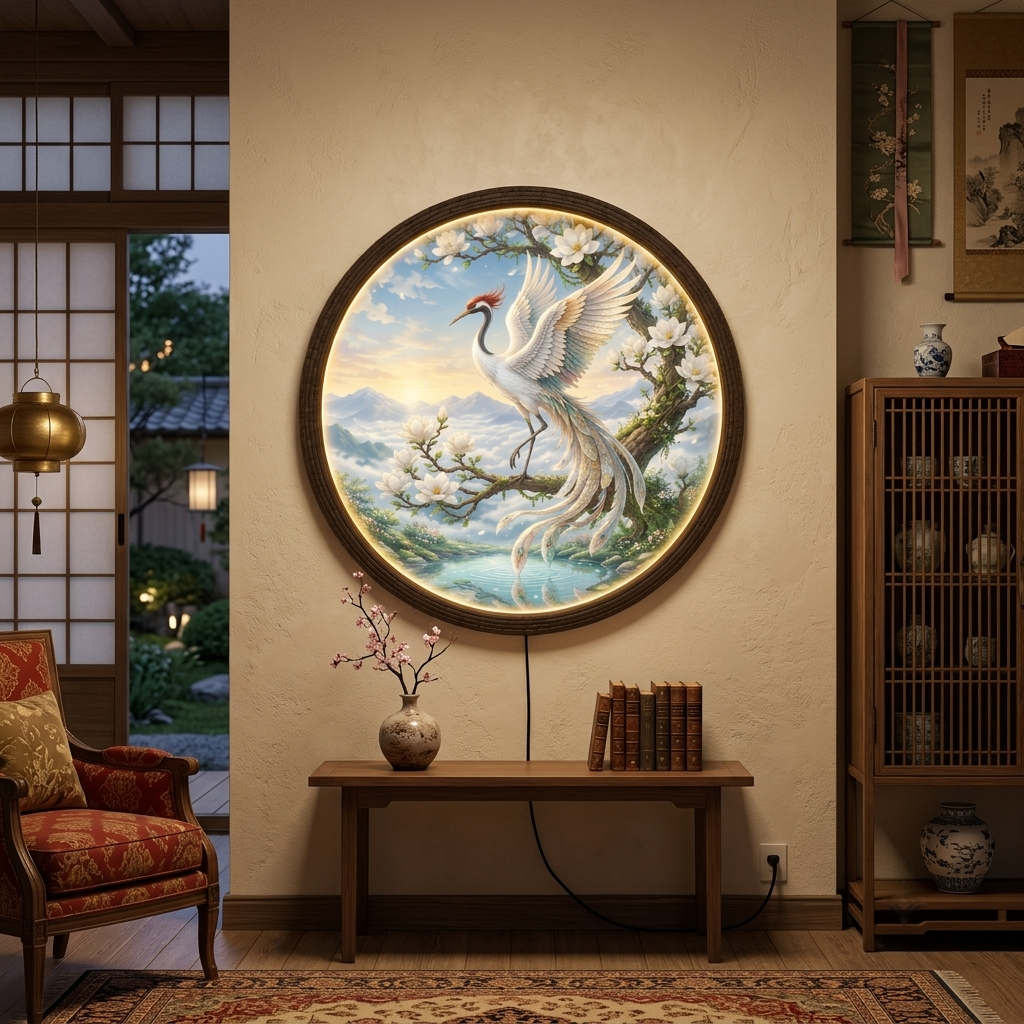 Round LED Crane Wall Art – Japanese-Inspired Floral Illuminated Wall Decor