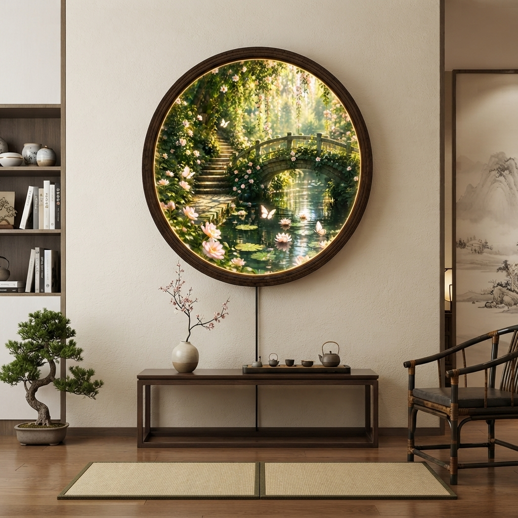 Illuminated Garden Bridge Round Wall Art – LED Lighted Nature Wall Decor
