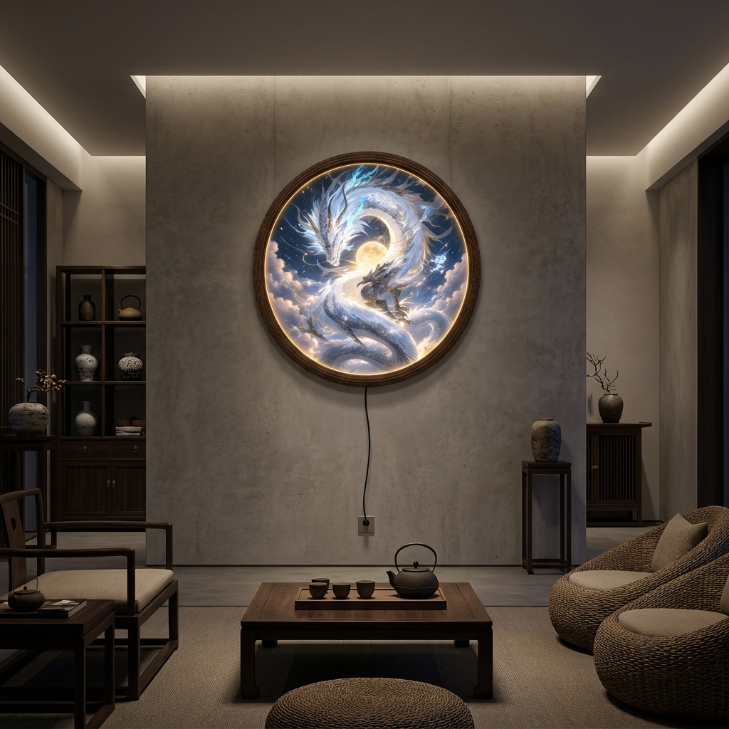 Illuminated Celestial Dragon Round LED Wall Art – Wooden Frame, Fantasy Home Decor