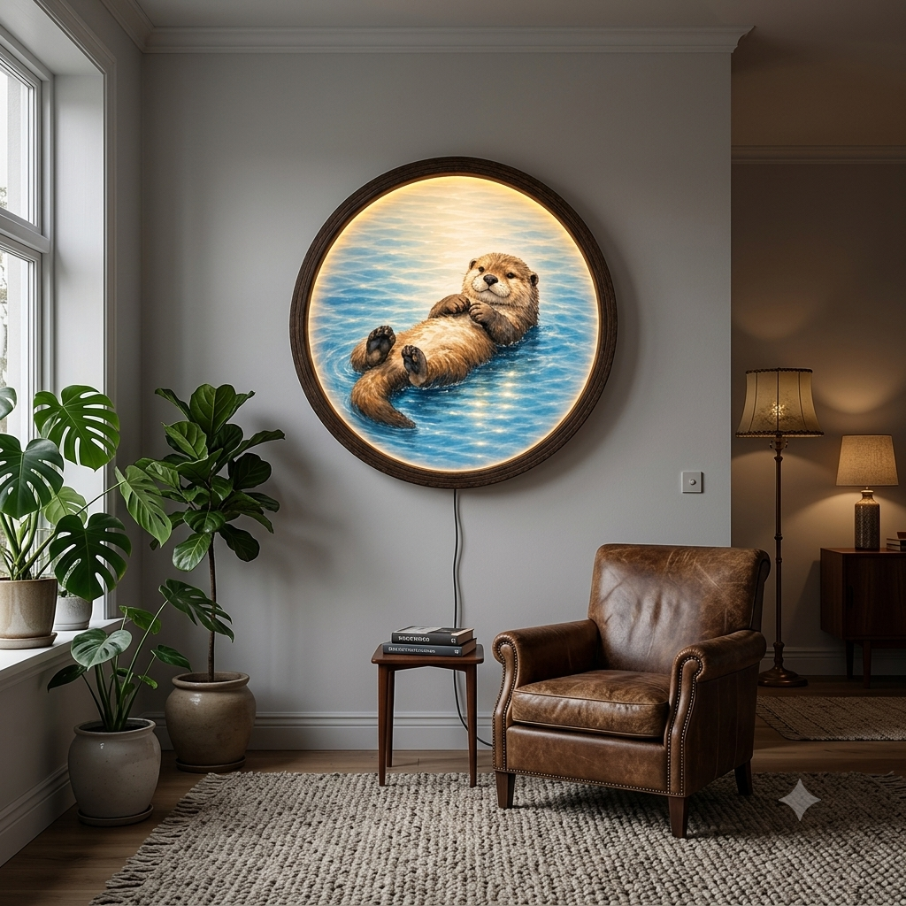 Illuminated River Otter Floating Art - Round Wood Frame LED Wall Light, Whimsical Home Decor