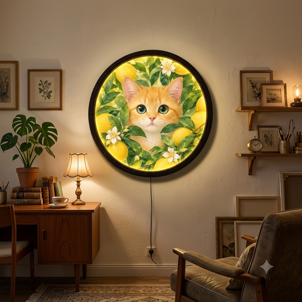 Orange Cat Lemon Garden Round LED Wall Art – Illuminated Cat Wall Decor