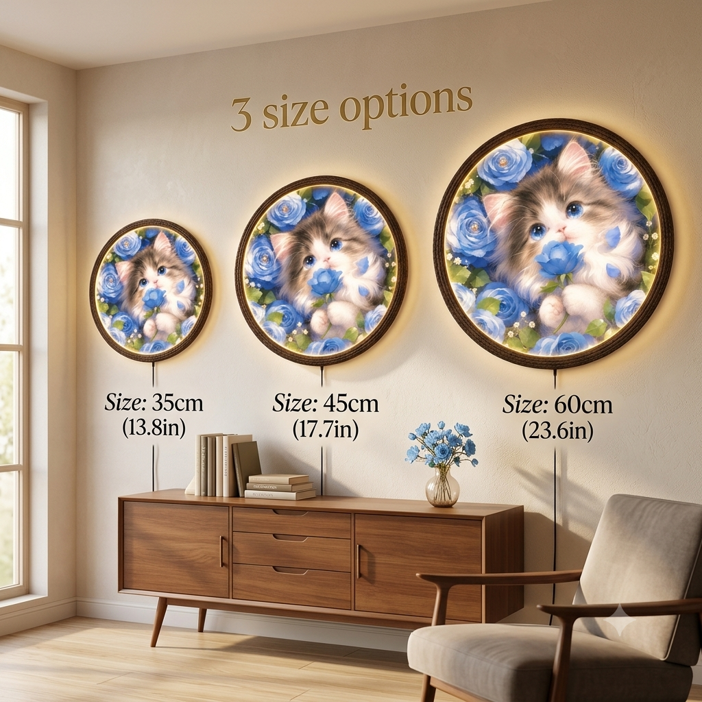 Blue Floral Cat LED Wall Art – Round Illuminated Home Decor