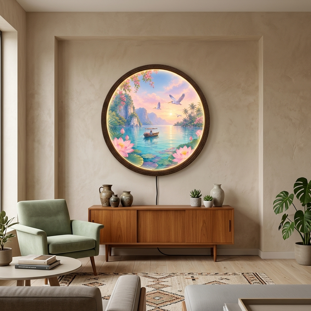 Round Tropical Lotus Lake LED Wall Art – Illuminated Nature Wall Decor