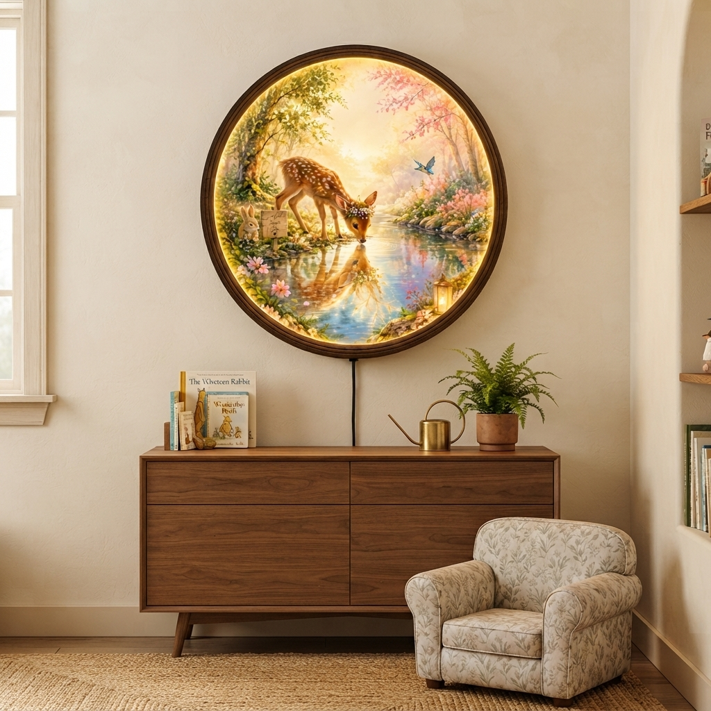 Deer by the Stream LED Wall Art – Round Illuminated Nature Wall Decor