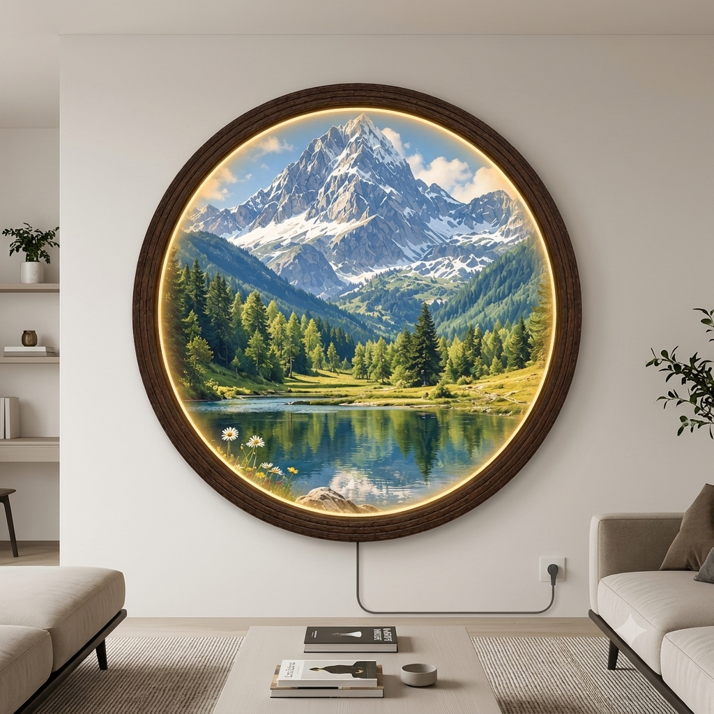Mountain Lake LED Wall Art – Round Wooden Frame | Illuminated Nature Wall Decor