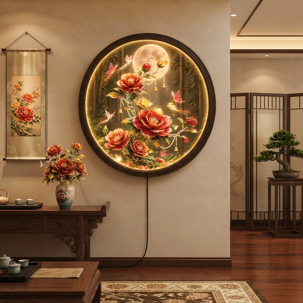 Round LED Wall Lamp with Red Floral Art, Moonlight Design, Wooden Frame, Modern Decorative Wall Light