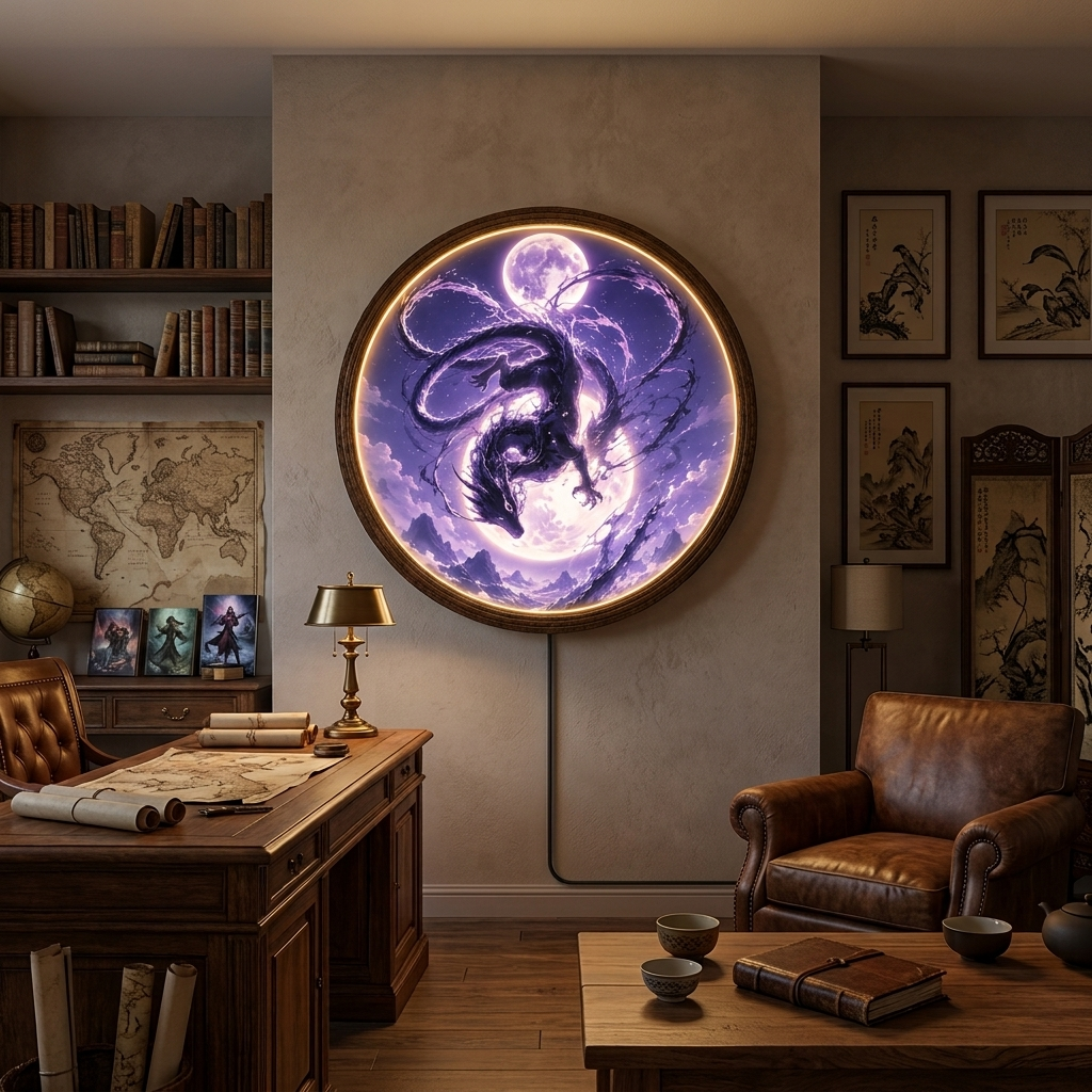 Purple Dragon LED Wall Art – Round Moon Fantasy Light Decor