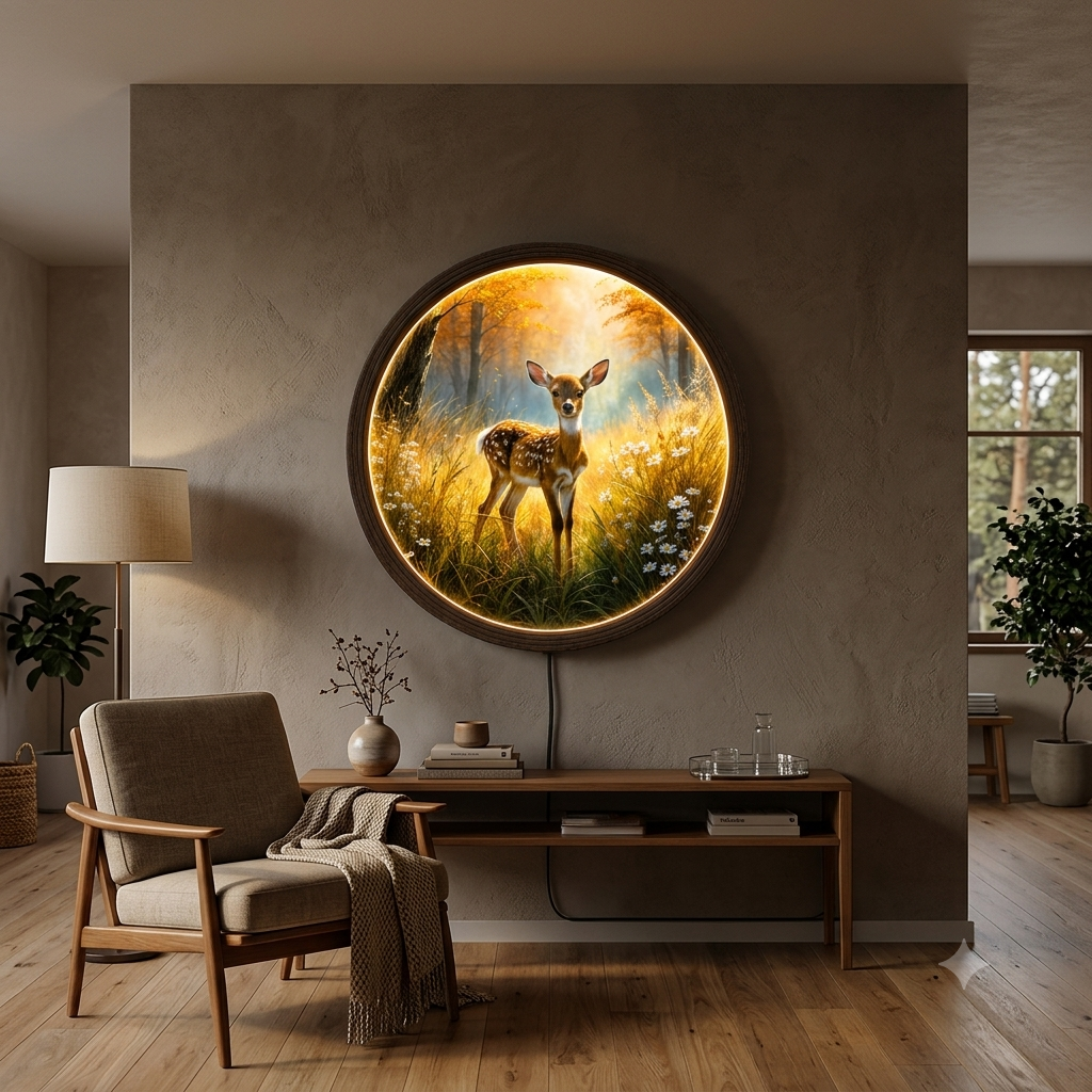 Golden Autumn Deer LED Wall Light | Round Nature Wooden Frame Wall Decor