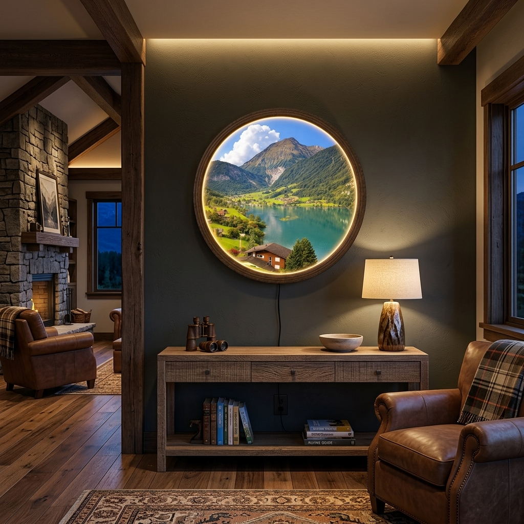 Round Mountain Lake LED Wall Art – Illuminated Landscape Wall Decor