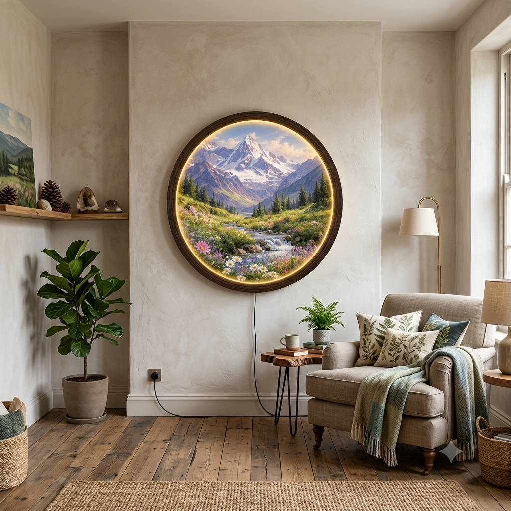 Illuminated Mountain Landscape LED Wall Art – Round Wooden Frame