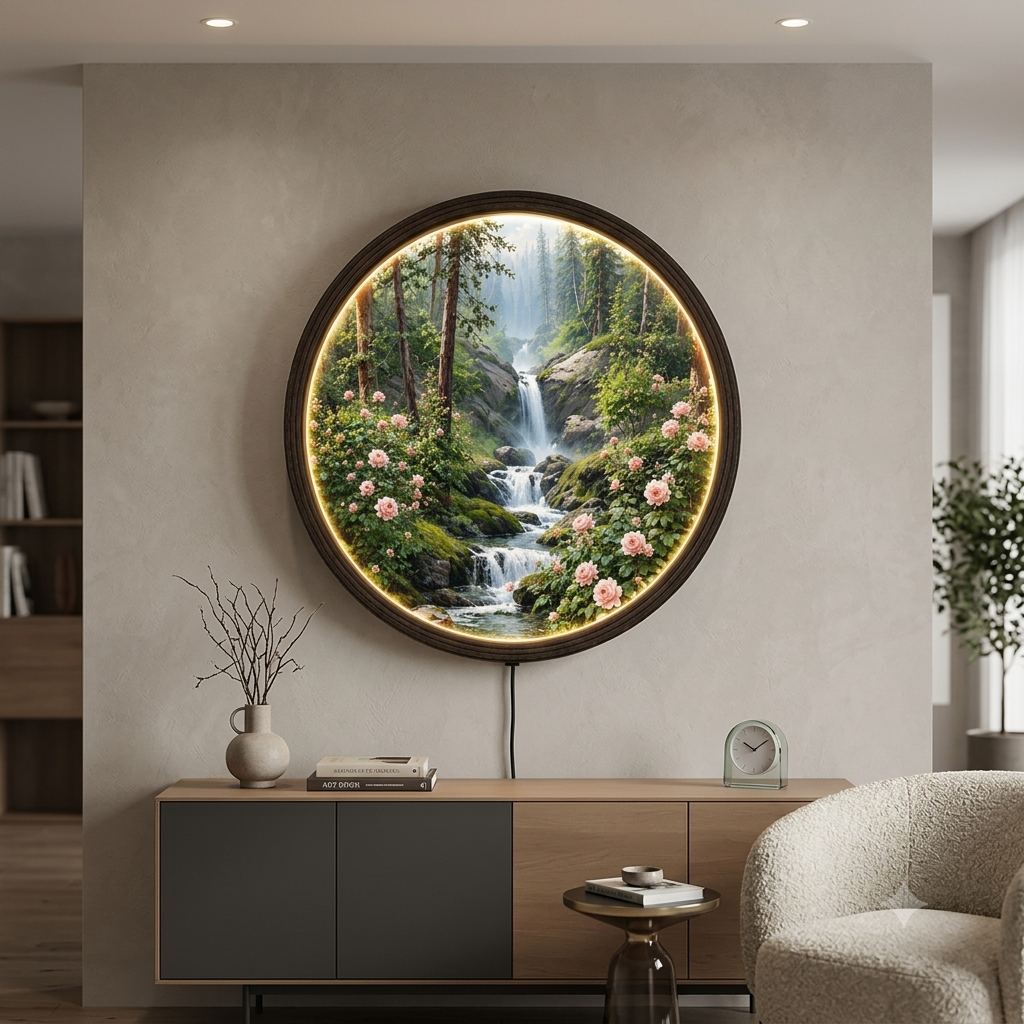 Illuminated Forest Waterfall & Pink Roses Round Canvas Wall Art with LED Backlight