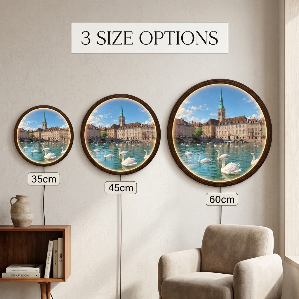 Round LED Wall Art with Swan Lake Cityscape – Illuminated Wooden Wall Decor