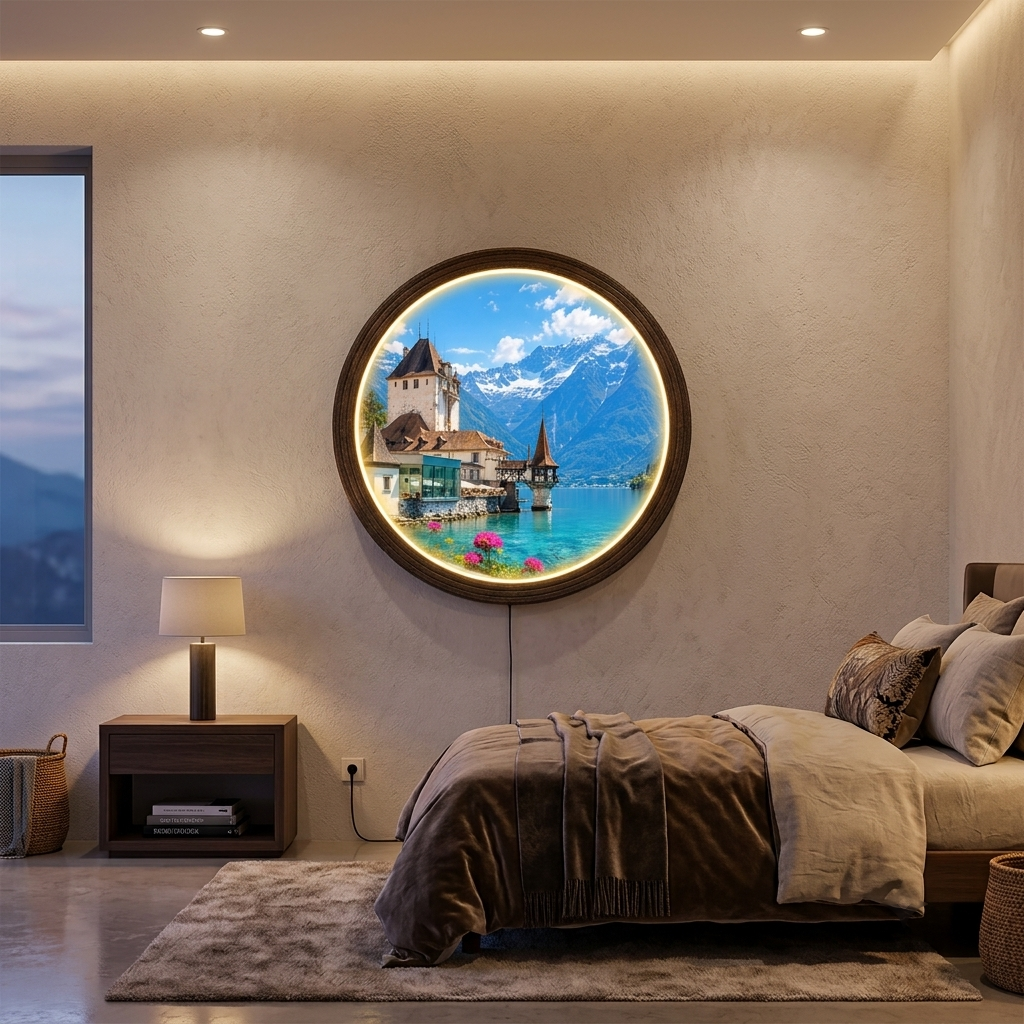 Illuminated Alpine Lake Round Wall Art – LED Lighted Mountain Landscape Decor
