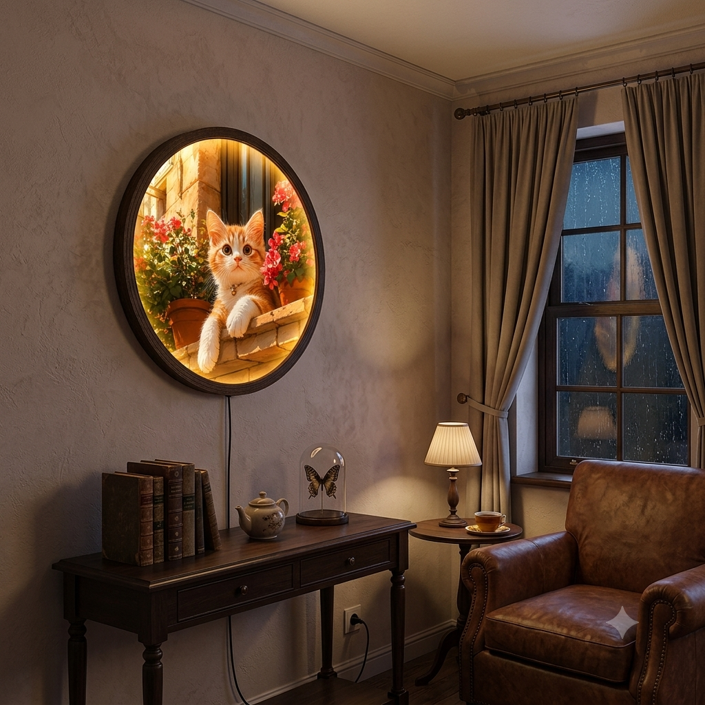 Cute Orange Cat with Flowers Illuminated Round Wall Art | LED Backlit Wooden Frame Wall Decor