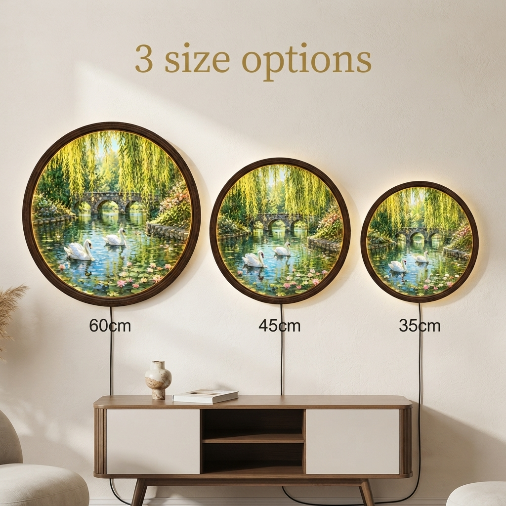Swan Garden LED Wall Art – Round Illuminated Water Scene Wall Decor