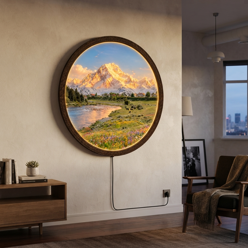 Mountain Landscape LED Wall Art – Round Illuminated Scenic Home Decor