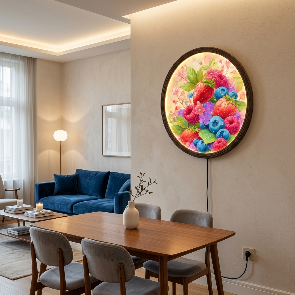 Illuminated Berry Blossom LED Wall Art, Round Floral Light Decor