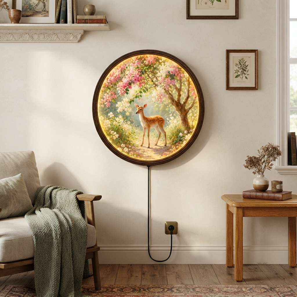 Illuminated Deer Garden Round Wall Art – LED Lighted Nature Wall Decor