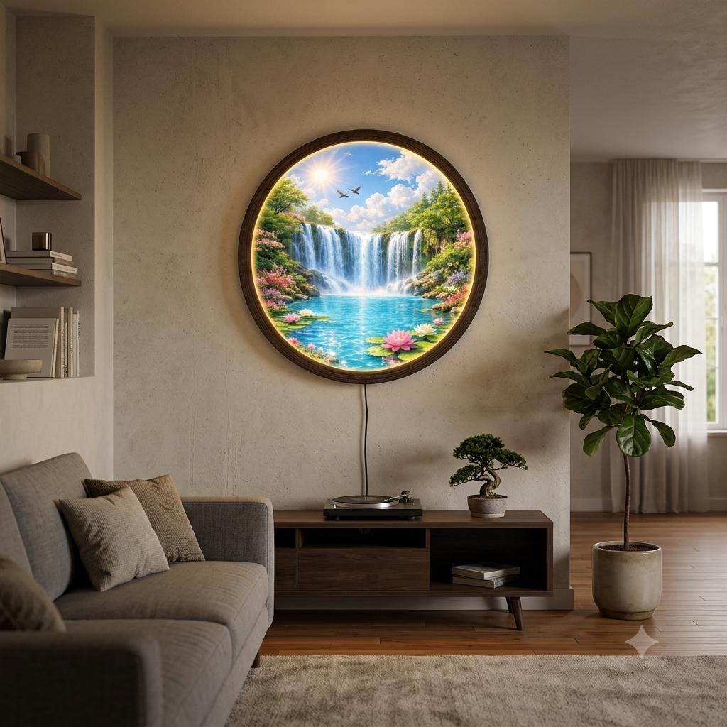 Waterfall Landscape LED Wall Art – Round Illuminated Home Decor