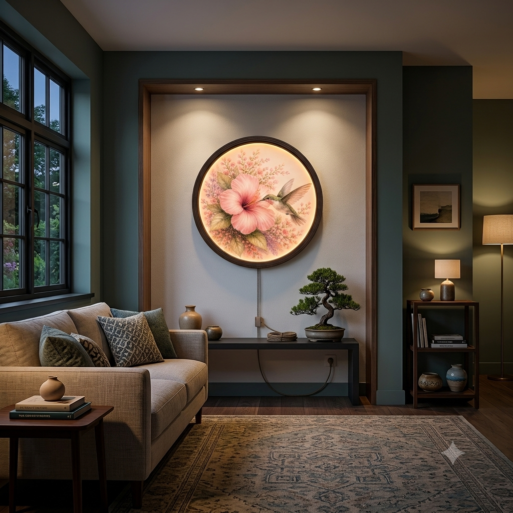 Hummingbird & Pink Hibiscus Illuminated Round Wall Art – LED Backlit Floral Wooden Frame Home Decor