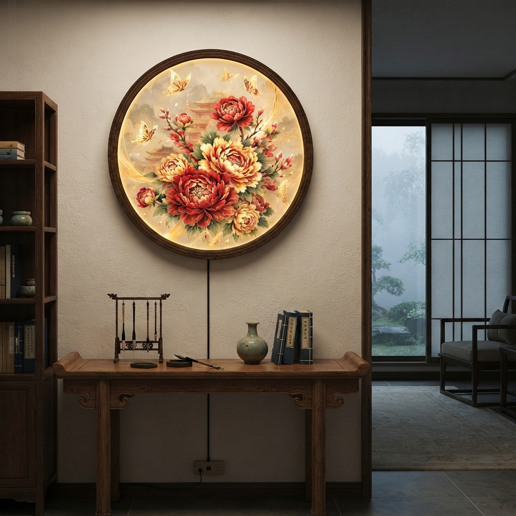 Glowing Peony Flower LED Wall Lamp – Round Floral Lighted Wall Art for Elegant Home Decor