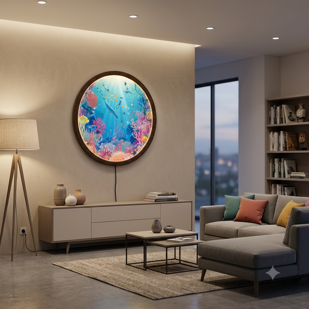 Round Underwater Coral Reef LED Wall Art – Illuminated Ocean Wall Decor