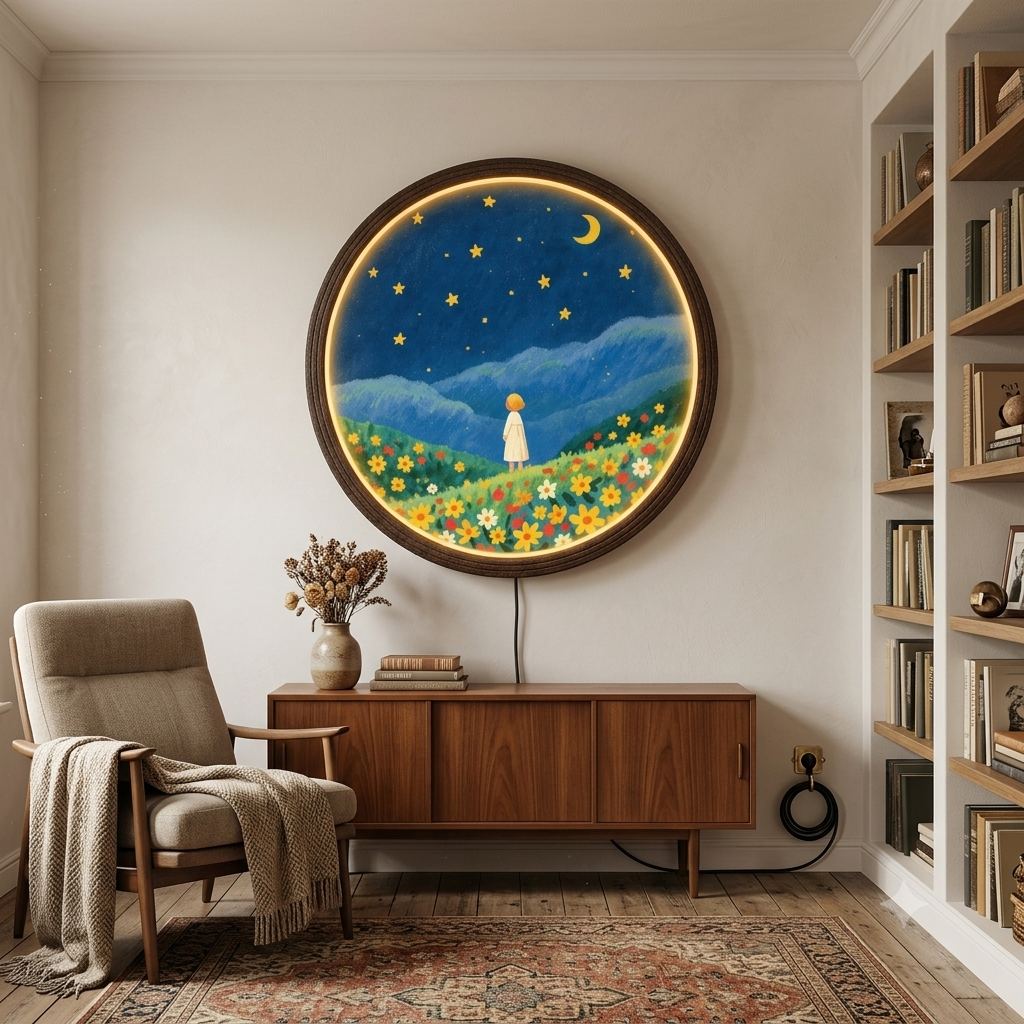 Whimsical Girl in Wildflower Meadow LED Wall Art – Round Illuminated Wall Decor
