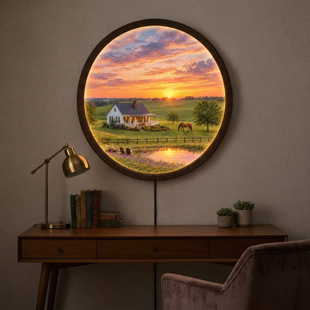 Sunset Countryside LED Wall Art – Rustic Farmhouse Landscape Round Wall Decor
