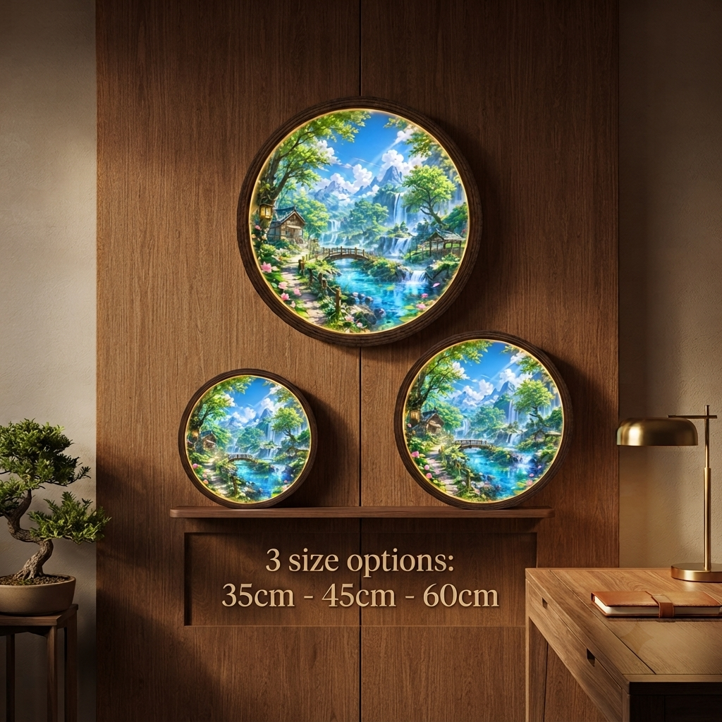 Waterfall Mountain Landscape LED Wall Art – Round Illuminated Nature Wall Decor
