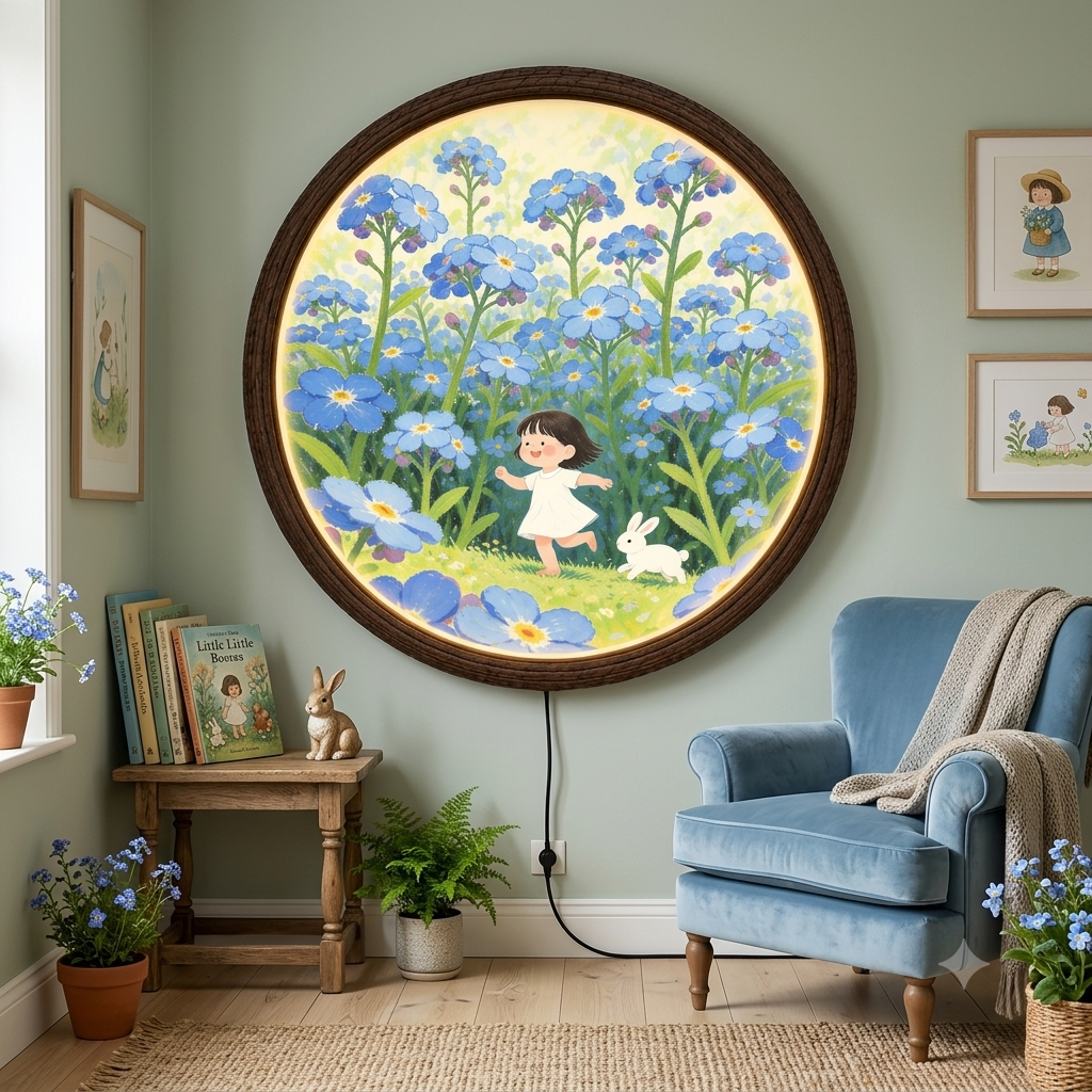 Blue Wildflower Girl & Bunny Round LED Wall Art – Whimsical Illuminated Home Decor