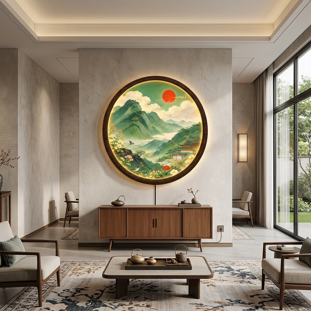 Round LED Mountain Landscape Wall Lamp, Illuminated Asian Scenery Wall Decor