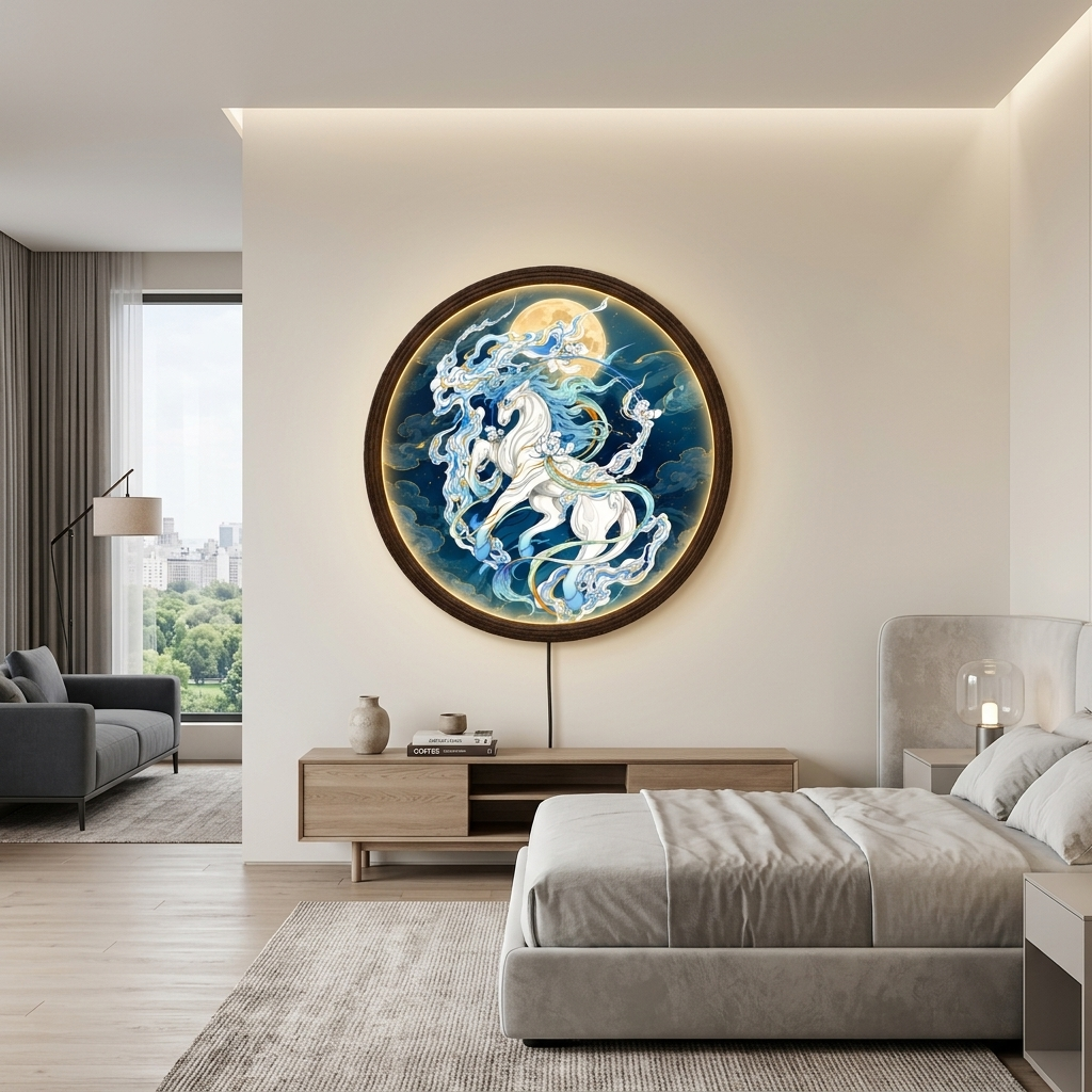 Luminous Celestial Pegasus LED Wall Art – Illuminated Round Cosmic Horse Decor