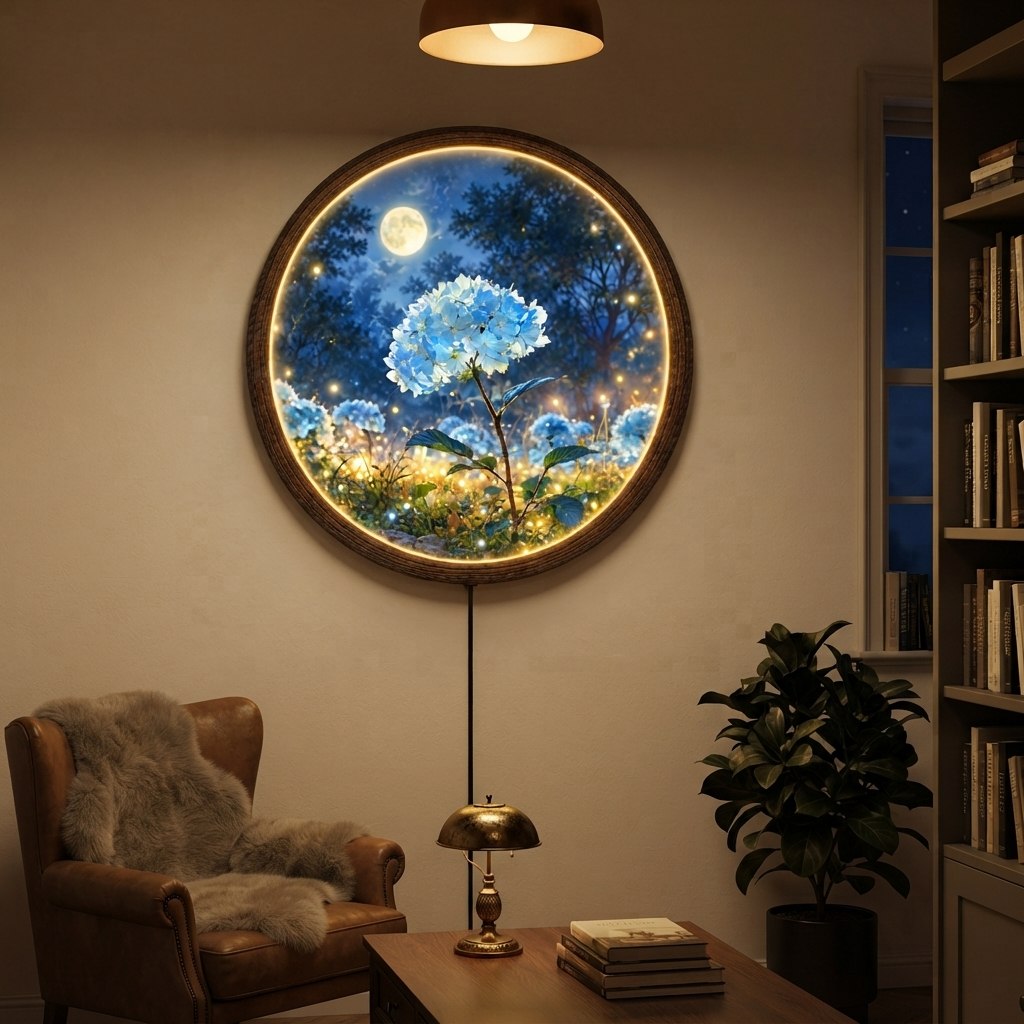 Illuminated Round Floral Wall Art with LED Light – Wooden Frame Home Decor