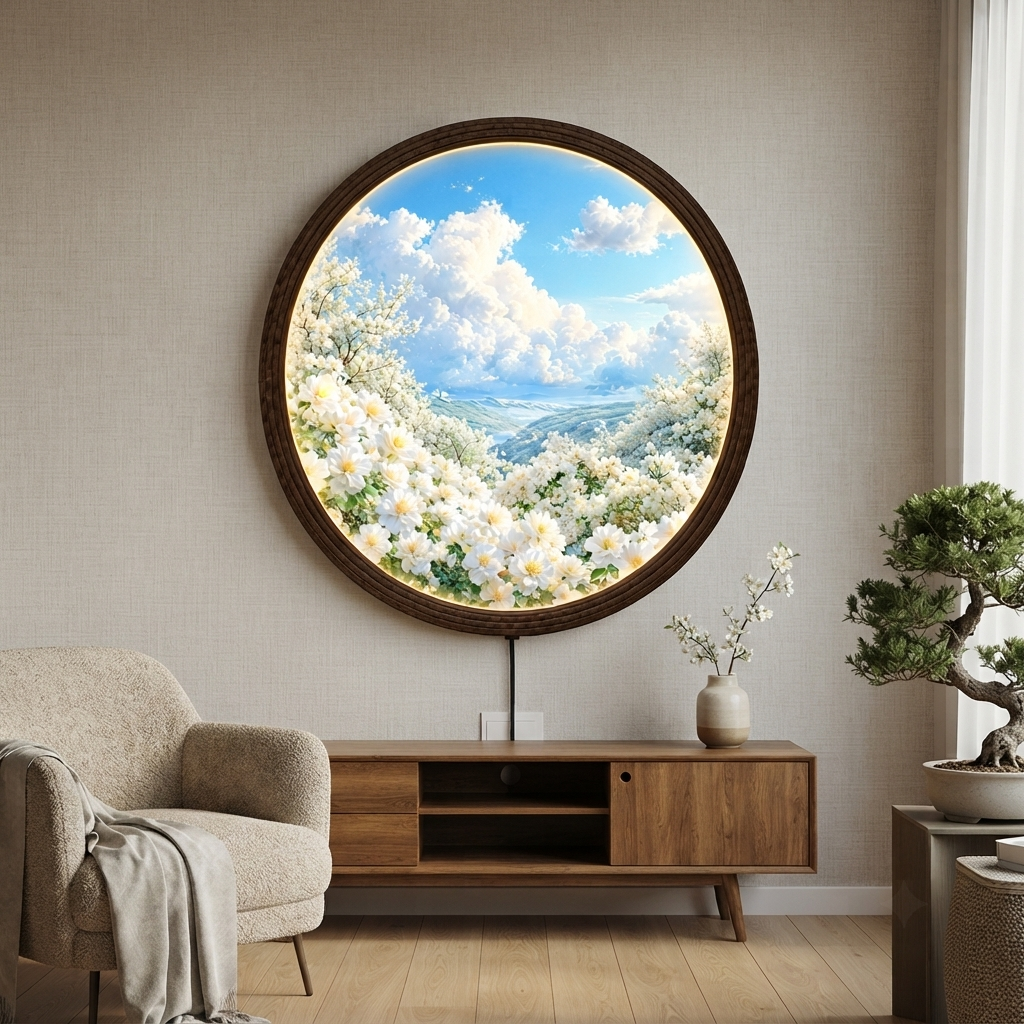 Illuminated Round Floral Wall Art – LED Wooden Frame Home Decor