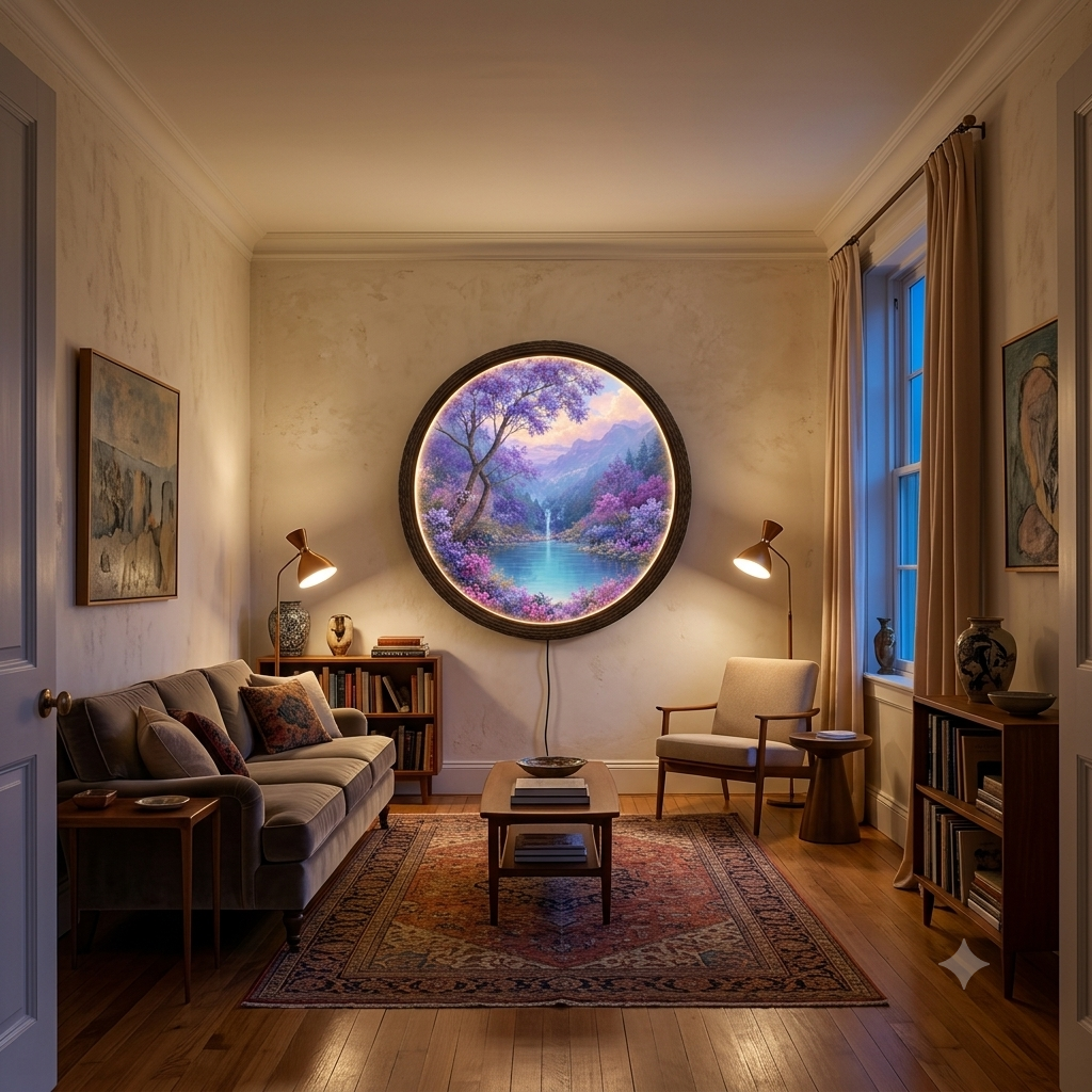 Enchanted Purple Blossom Mountain Lake LED Wall Art – Round Illuminated Wall Decor