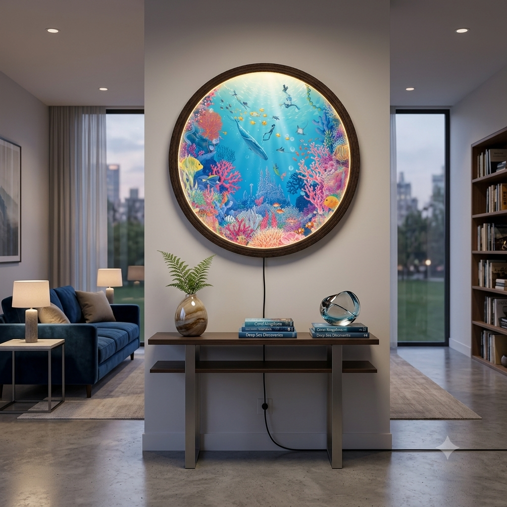 Round Underwater Coral Reef LED Wall Art – Illuminated Ocean Wall Decor