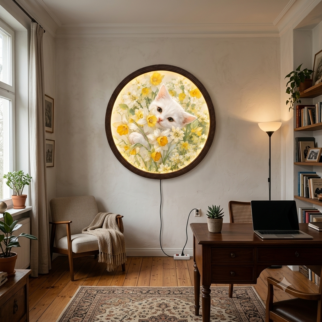 Floral Cat LED Wall Art – Round Illuminated Wall Decor, Cozy Home Accent
