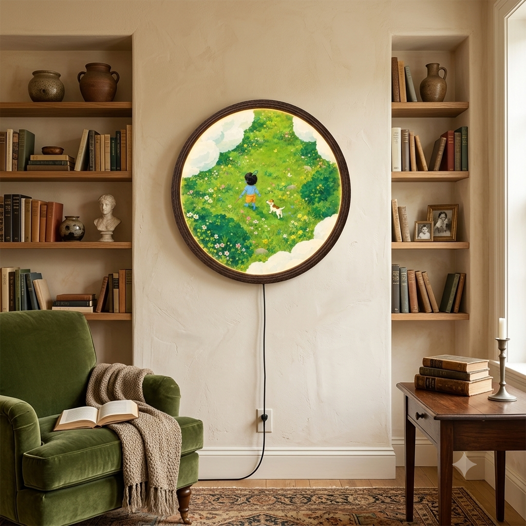 Whimsical Forest Boy & Dog LED Round Wall Art – Illuminated Nature Wall Decor